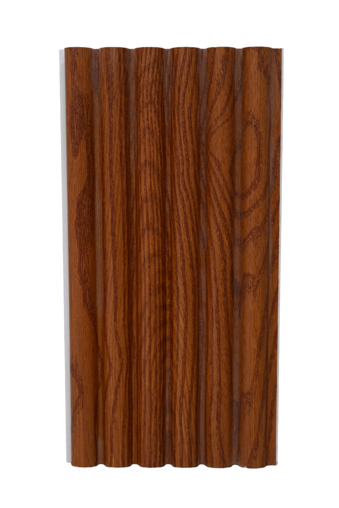 Wall-mounted cladding sample boards arranged inside the Flame & Finish showroom.