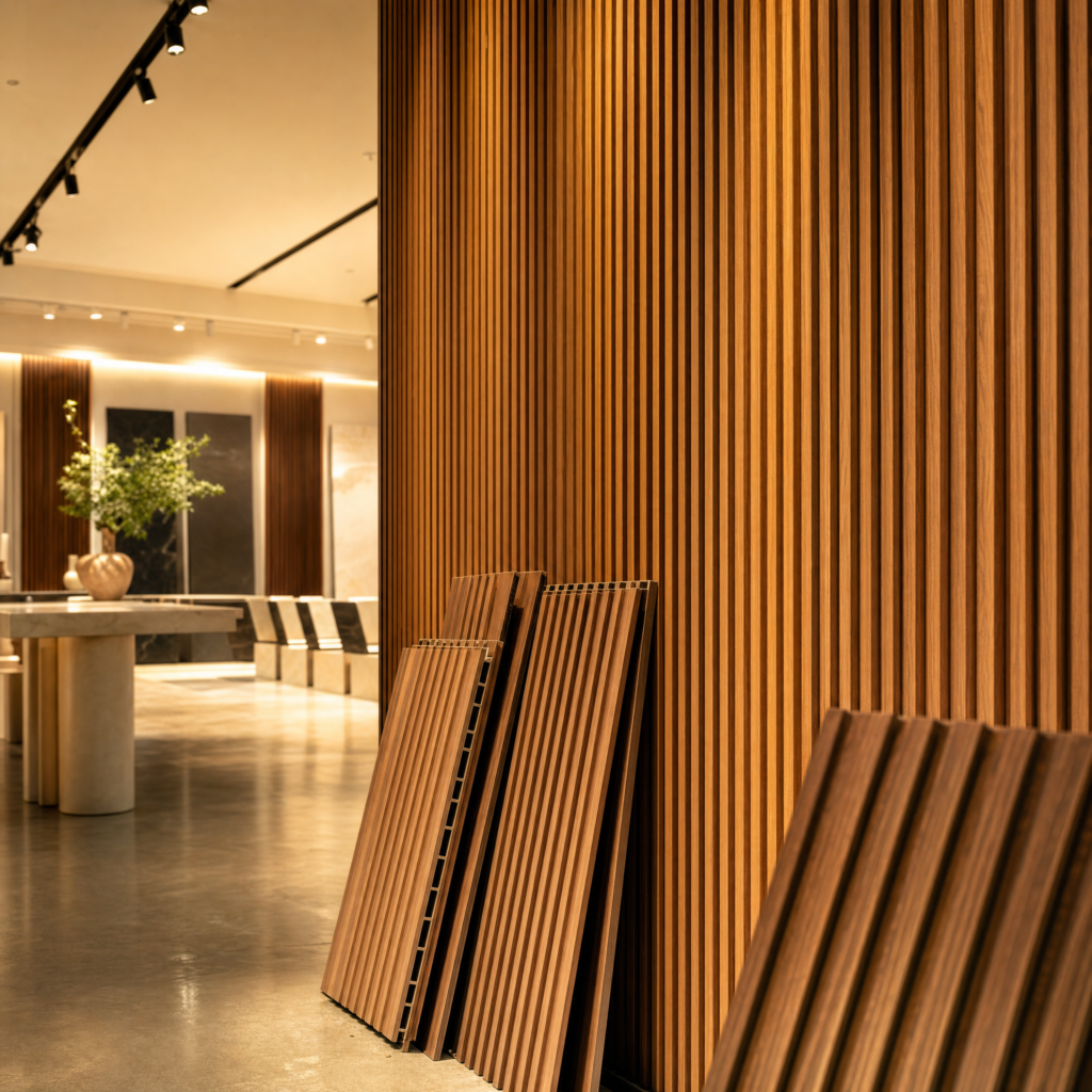 Concept render: oak fluted wall panels staged in a showroom.