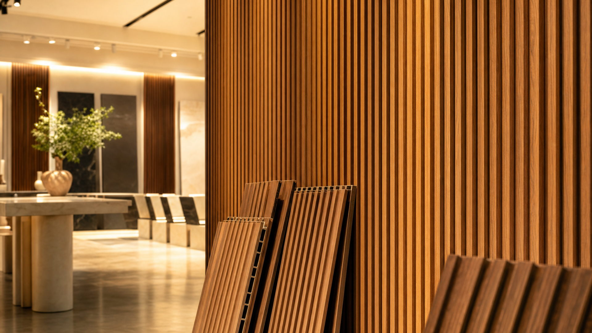 Concept render: oak fluted wall panels staged in a showroom.