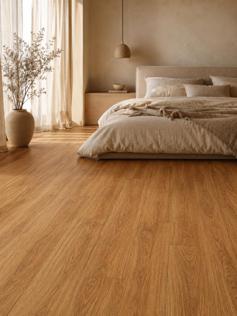 Concept render: bedroom with wood-look SPC flooring.