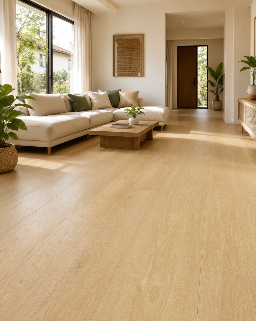 Concept render: living room with light oak SPC flooring.