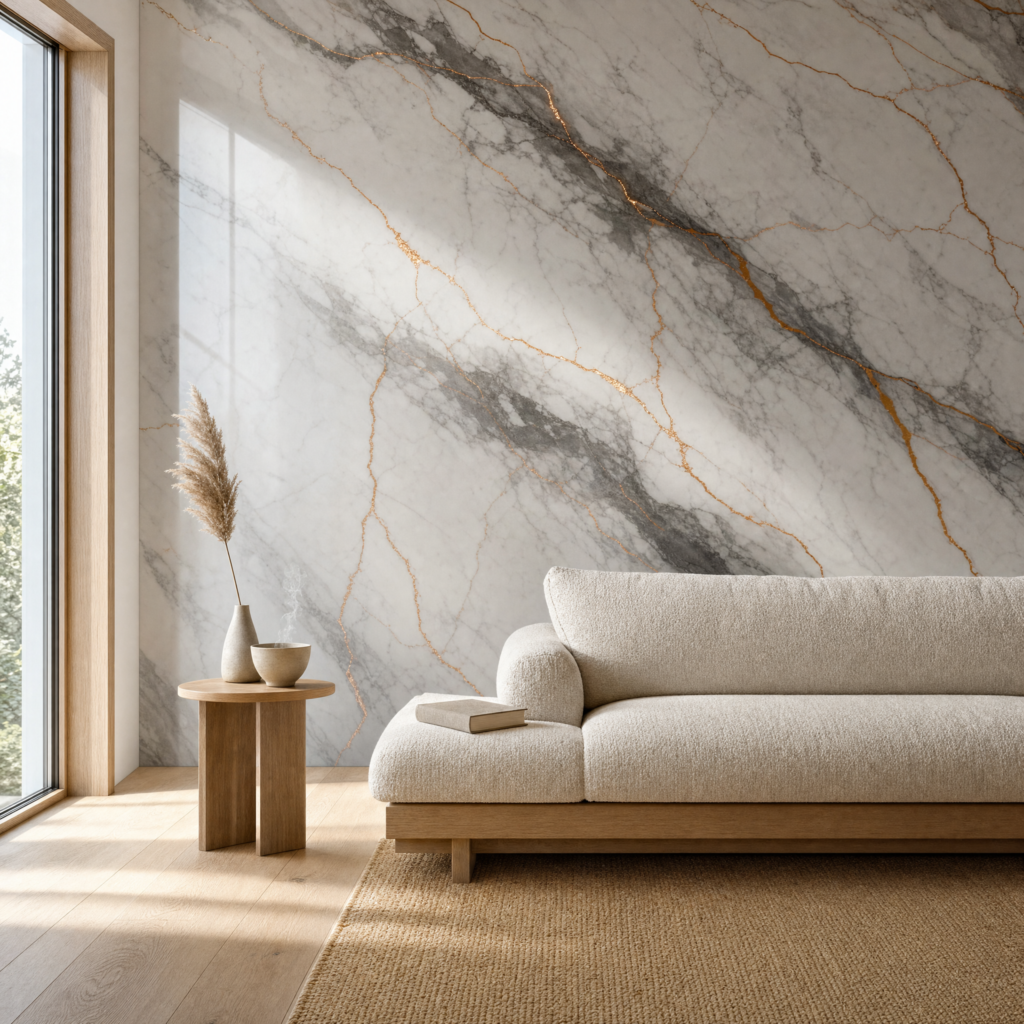 Concept render: white marble UV panel feature wall in a daylight living room.